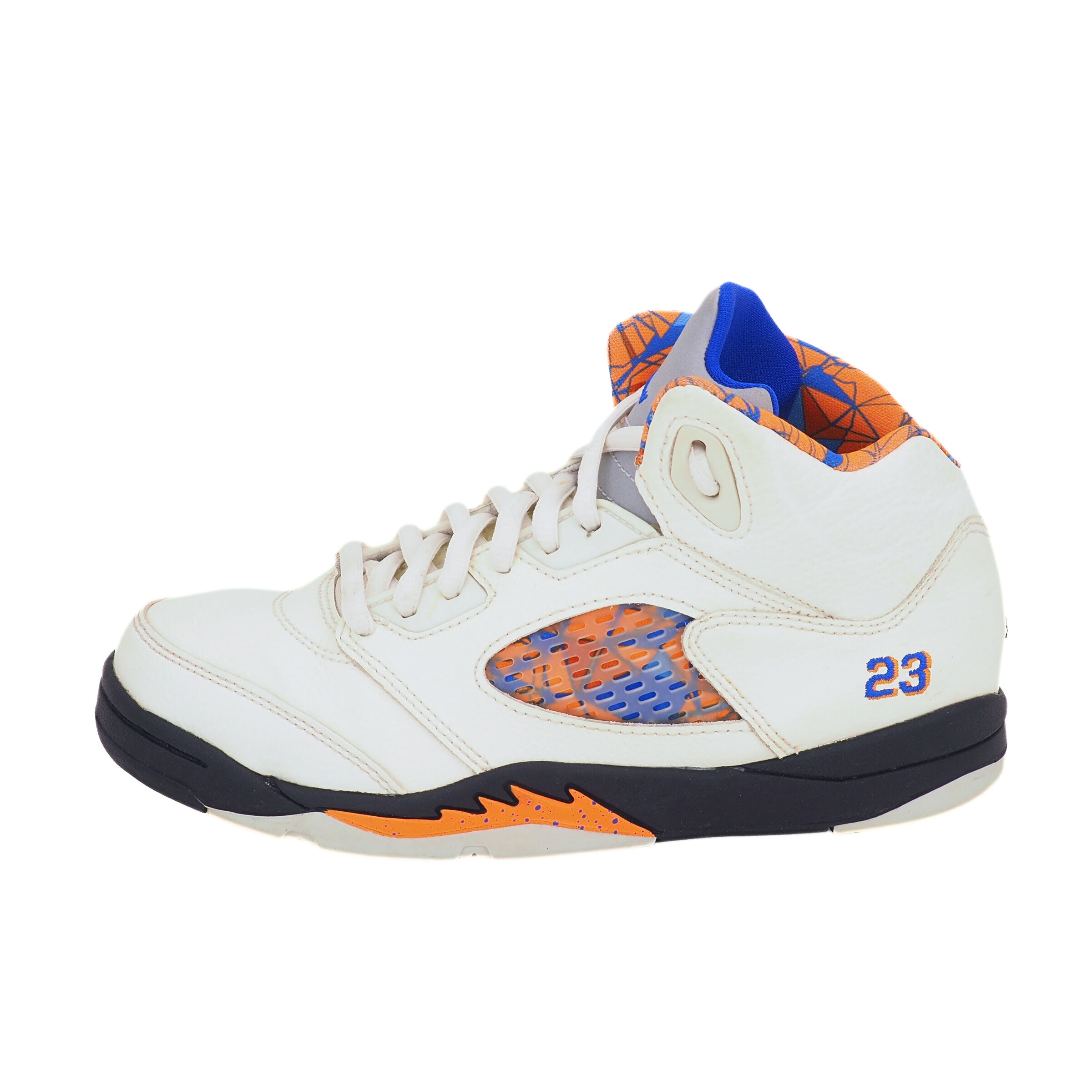 White Air Jordan 5 International Flight sneaker with orange and blue accents on a white background