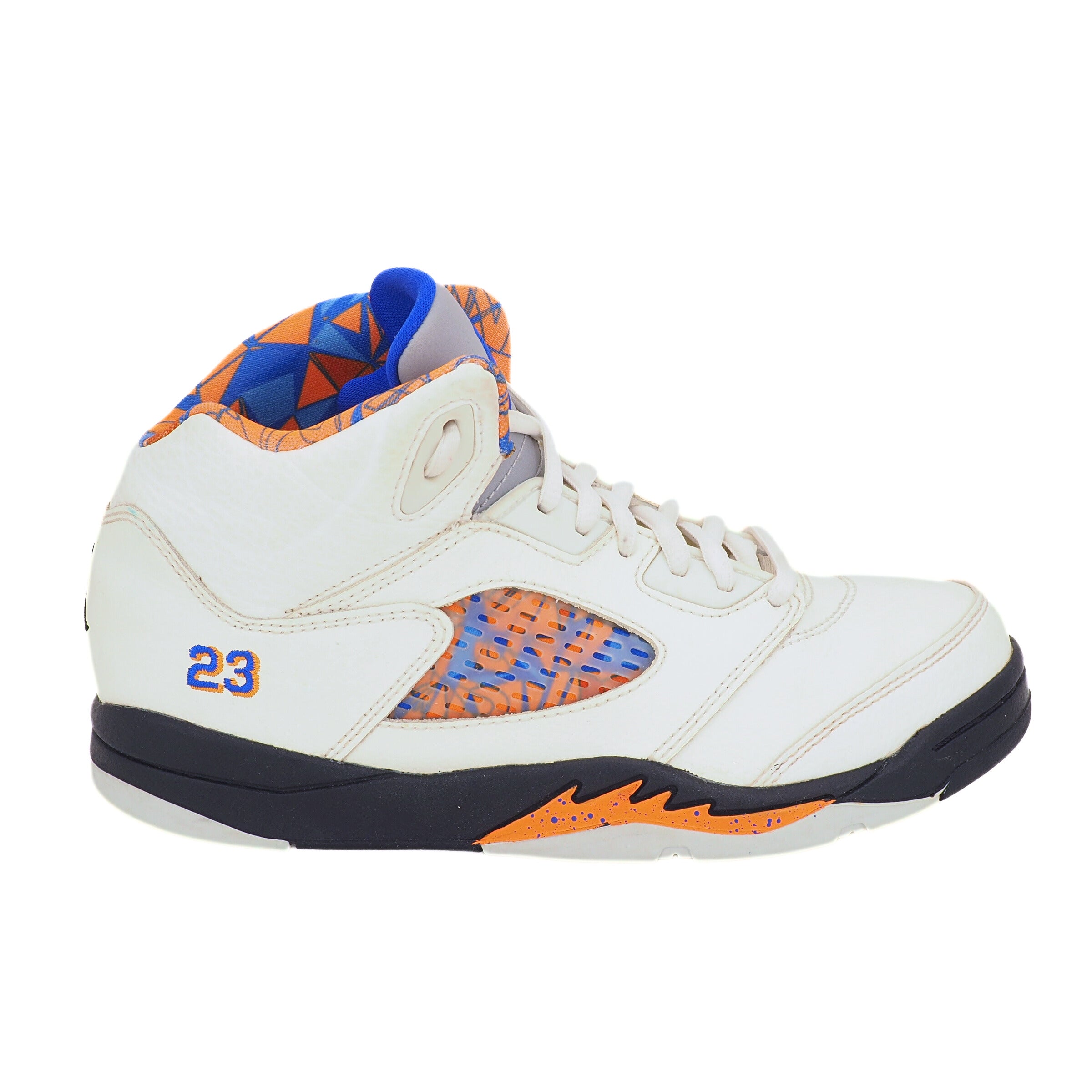 White AJ V sneaker with orange and blue accents on a white background