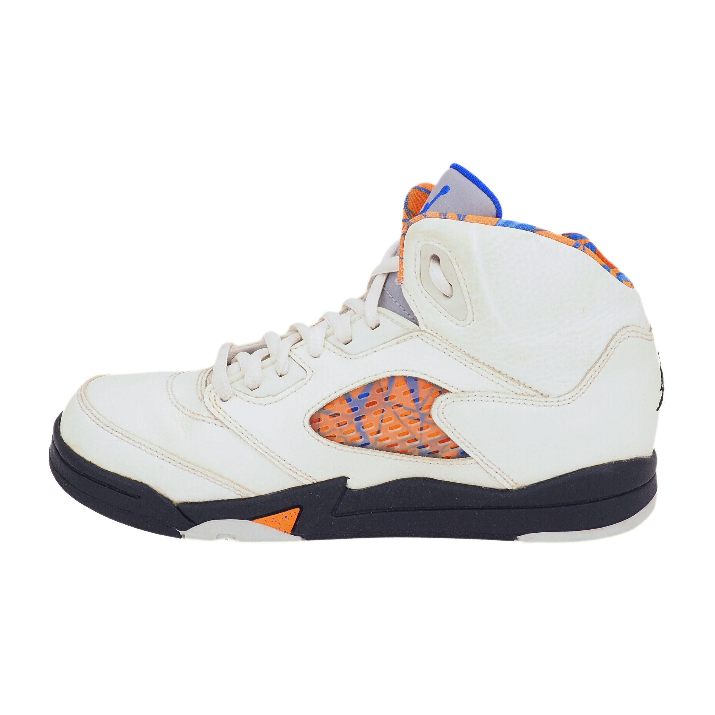 White Jordan sneaker with orange and blue accents on a white background
