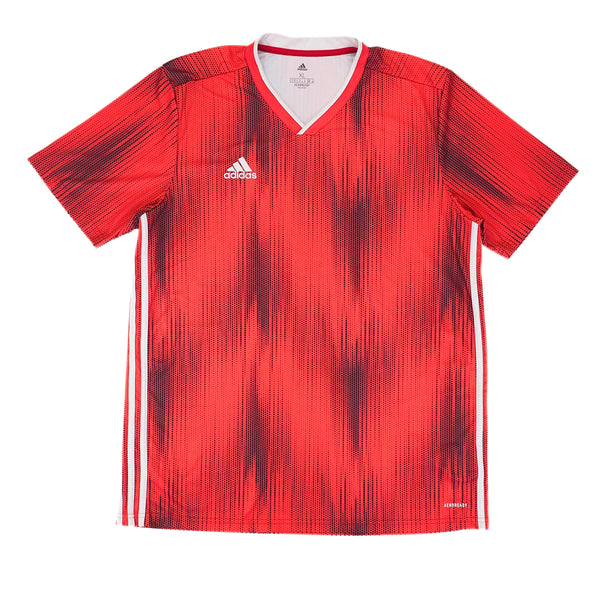 Front view of a red and black soccer jersey on a white background