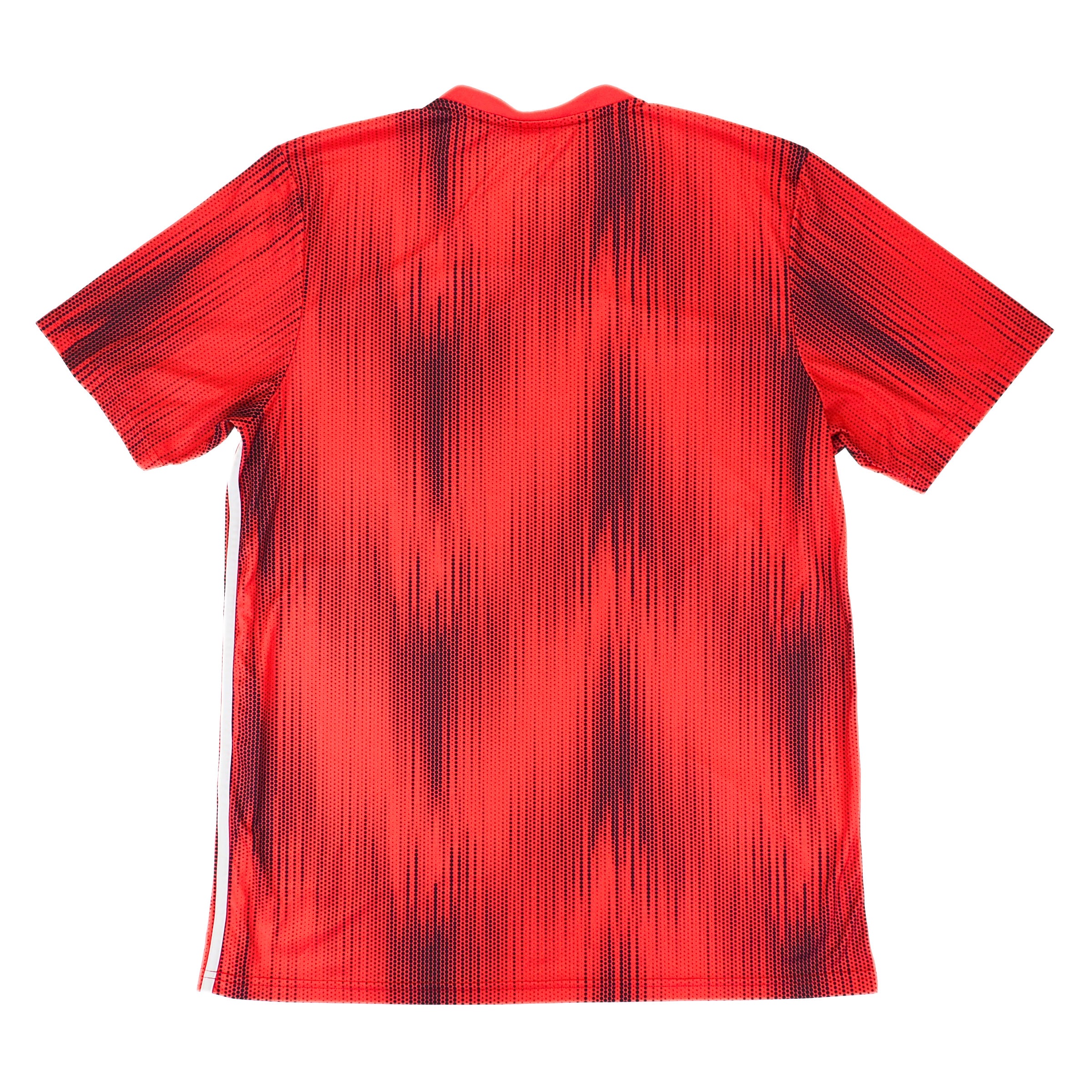 Back view of a red and black adidas soccer jersey on a white background