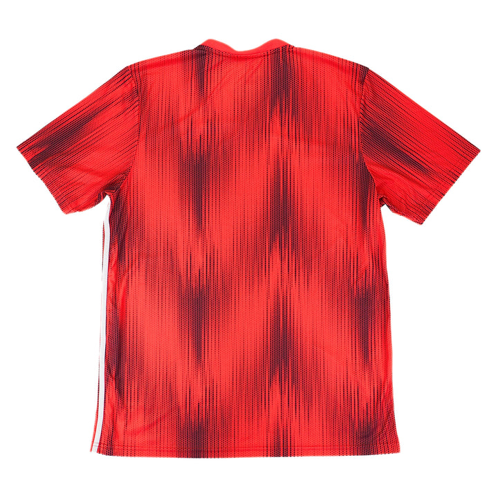 Back view of a red and black adidas soccer jersey on a white background