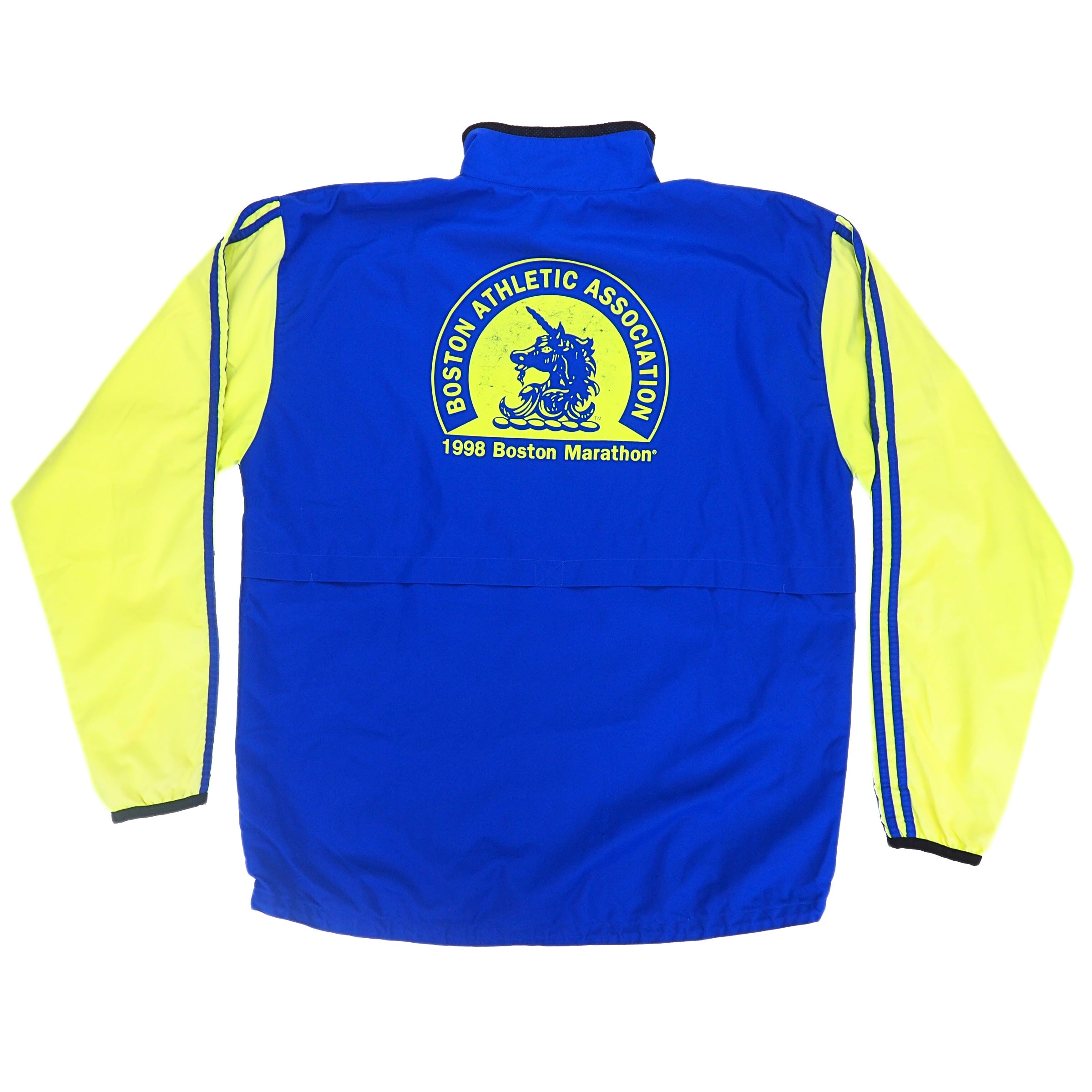Back view of a blue jacket with neon yellow sleeves and a logo that reads 'Boston Athletic Association 1998 Boston Marathon'