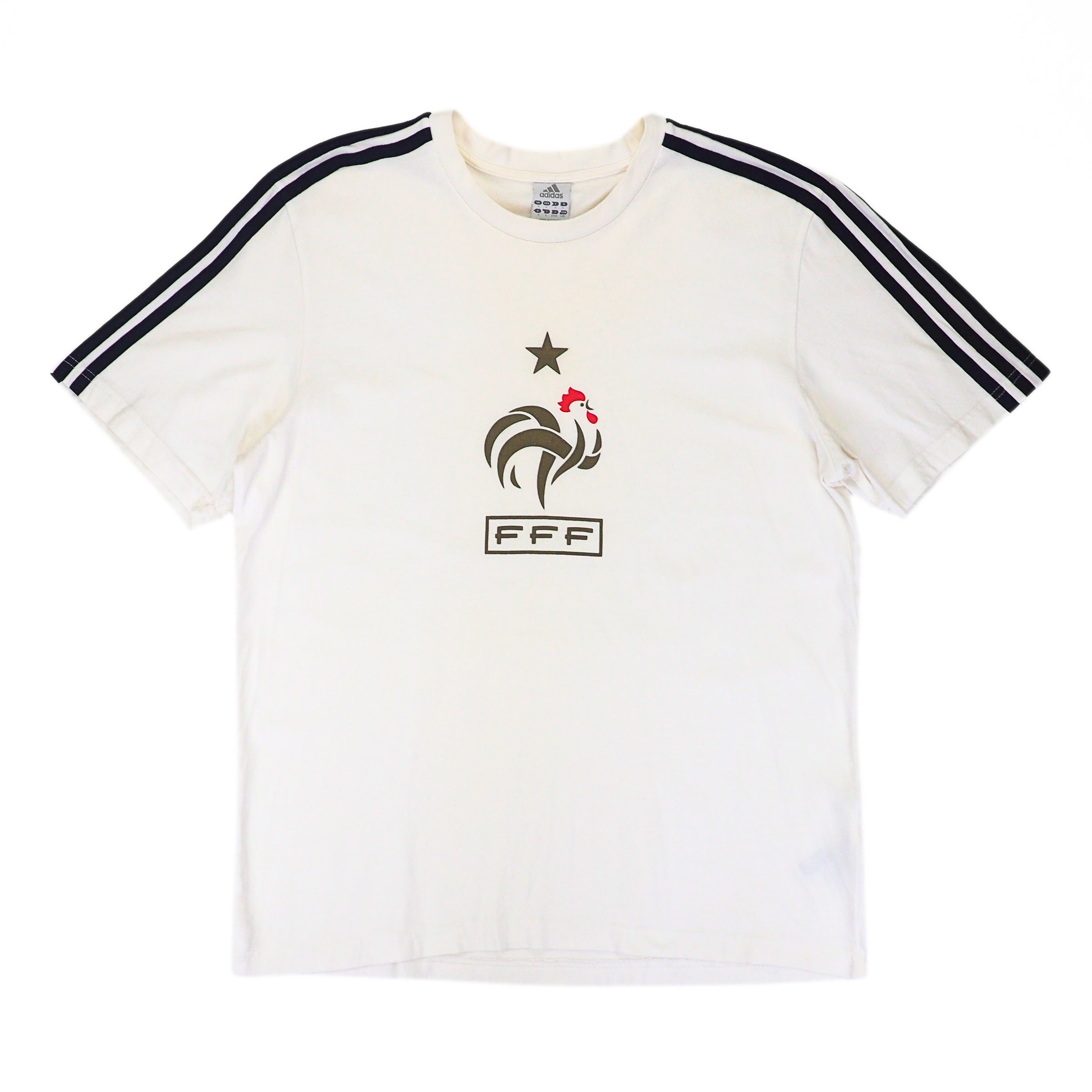 Front view of a white adidas t-shirt with a FFF cockerel crest graphic