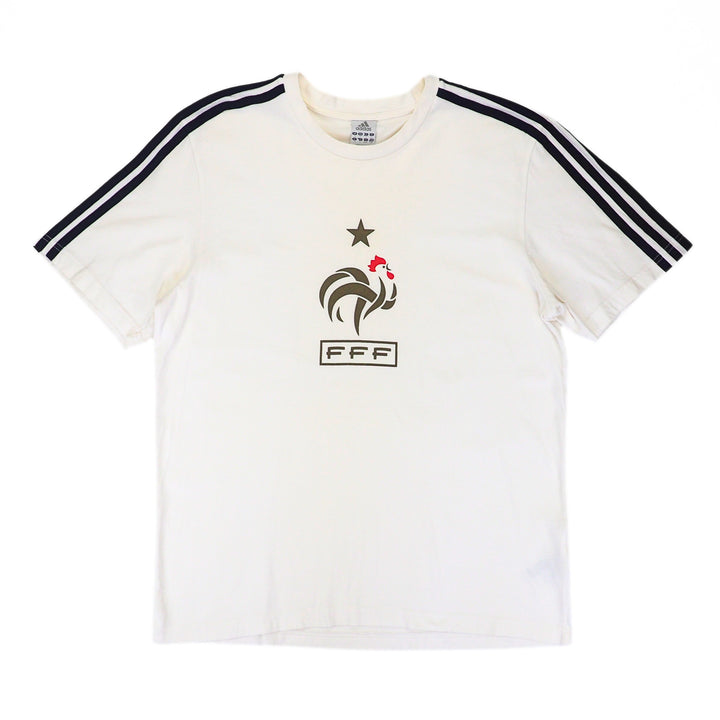 Front view of a white adidas t-shirt with a FFF cockerel crest graphic
