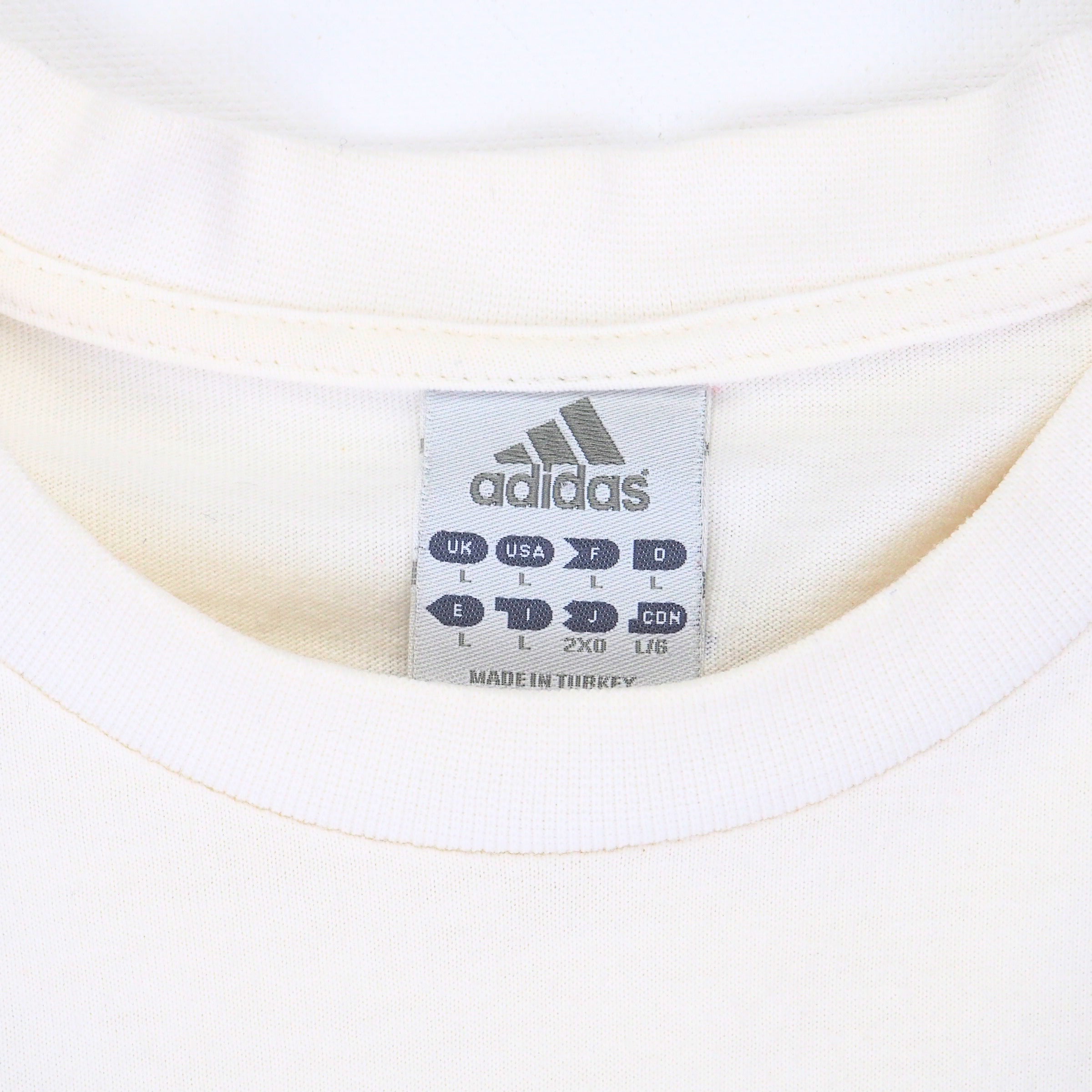 Close up of the collar of a white t-shirt with and adidas brand size tag