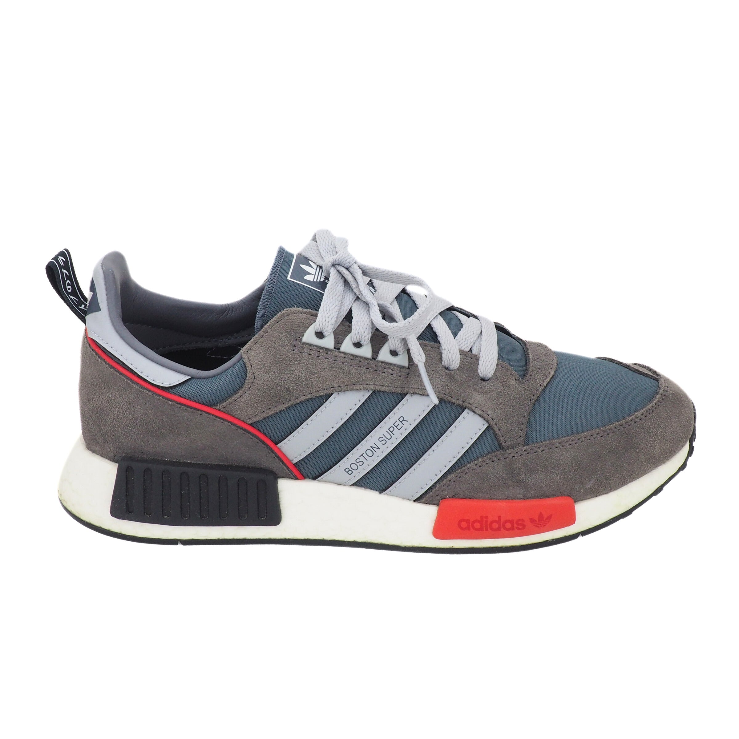 Blue Gray Adidas sneaker with red accents on a white background
