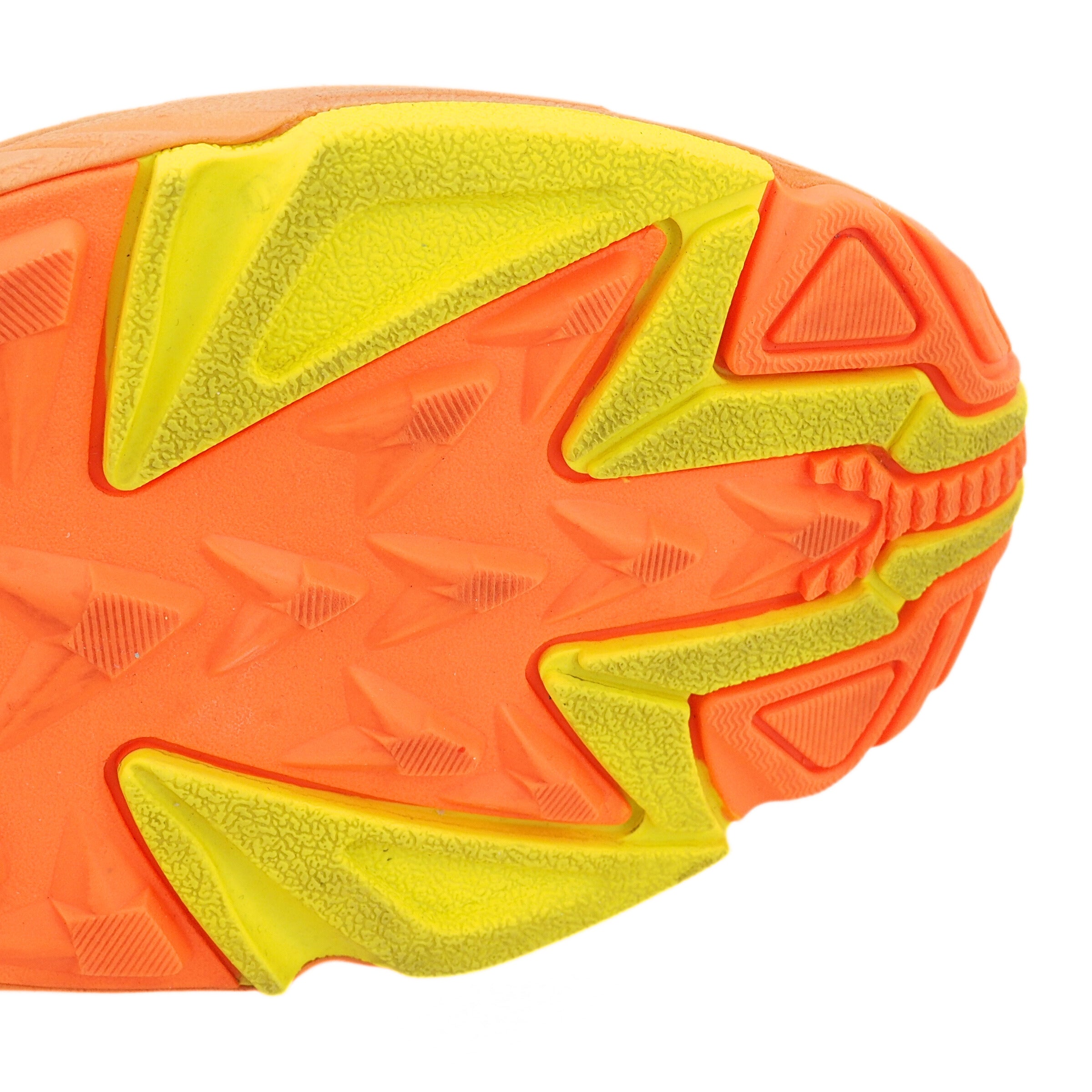 Close-up of a sneaker sole with orange and yellow tread pattern on a white background
