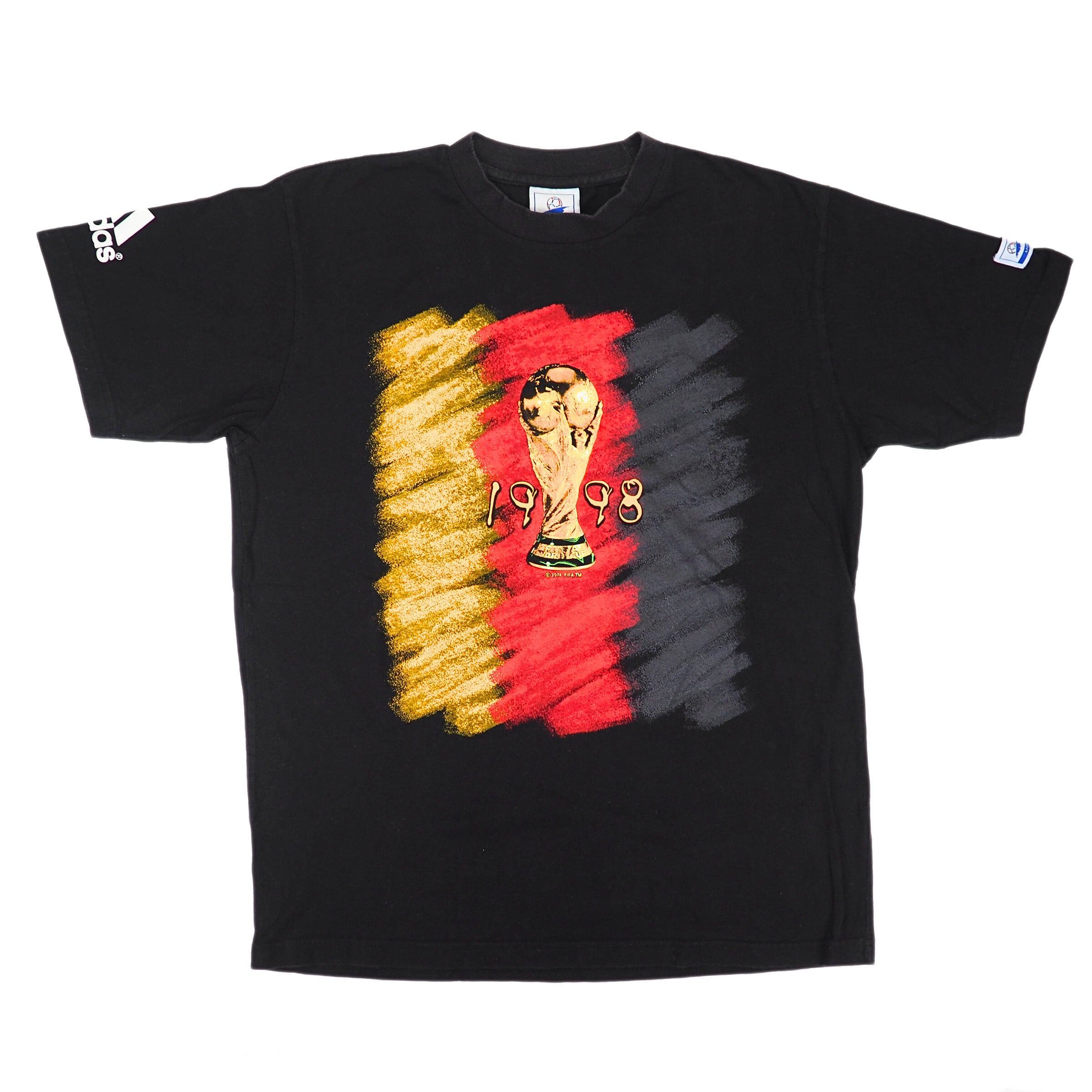 Front view of a black adidas t-shirt with a graphic of the german flag and the world cup trophy