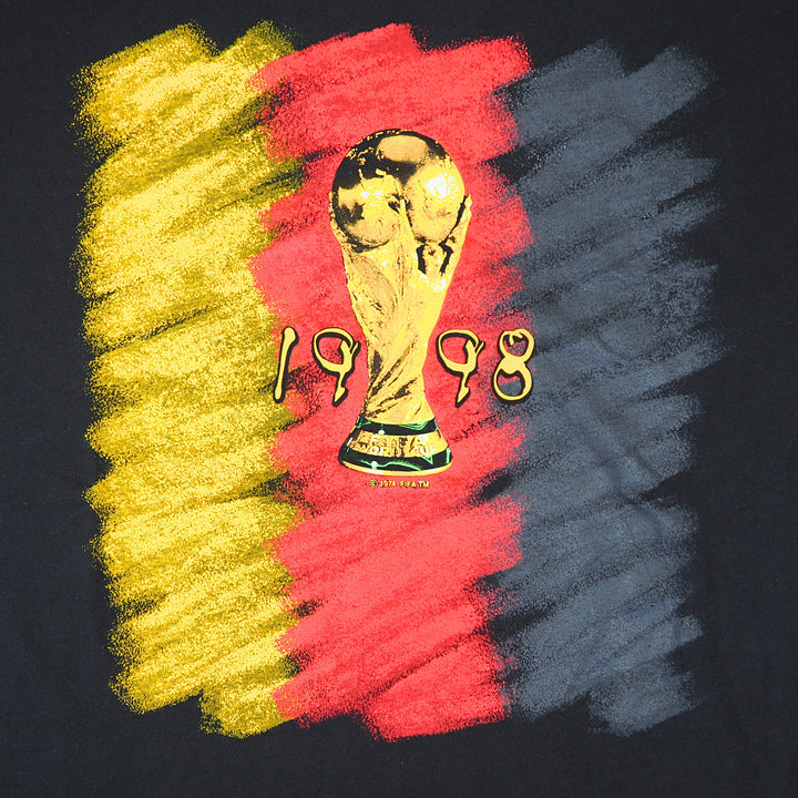 Close up of a t-shirt graphic of the german flag and the world cup trophy from 1998