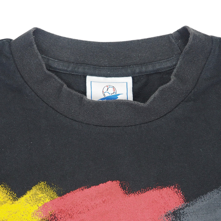 Close up of the collar of a black t-shirt