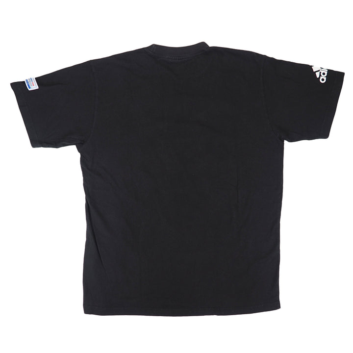 Back view of a black adidas t-shirt on a white background
