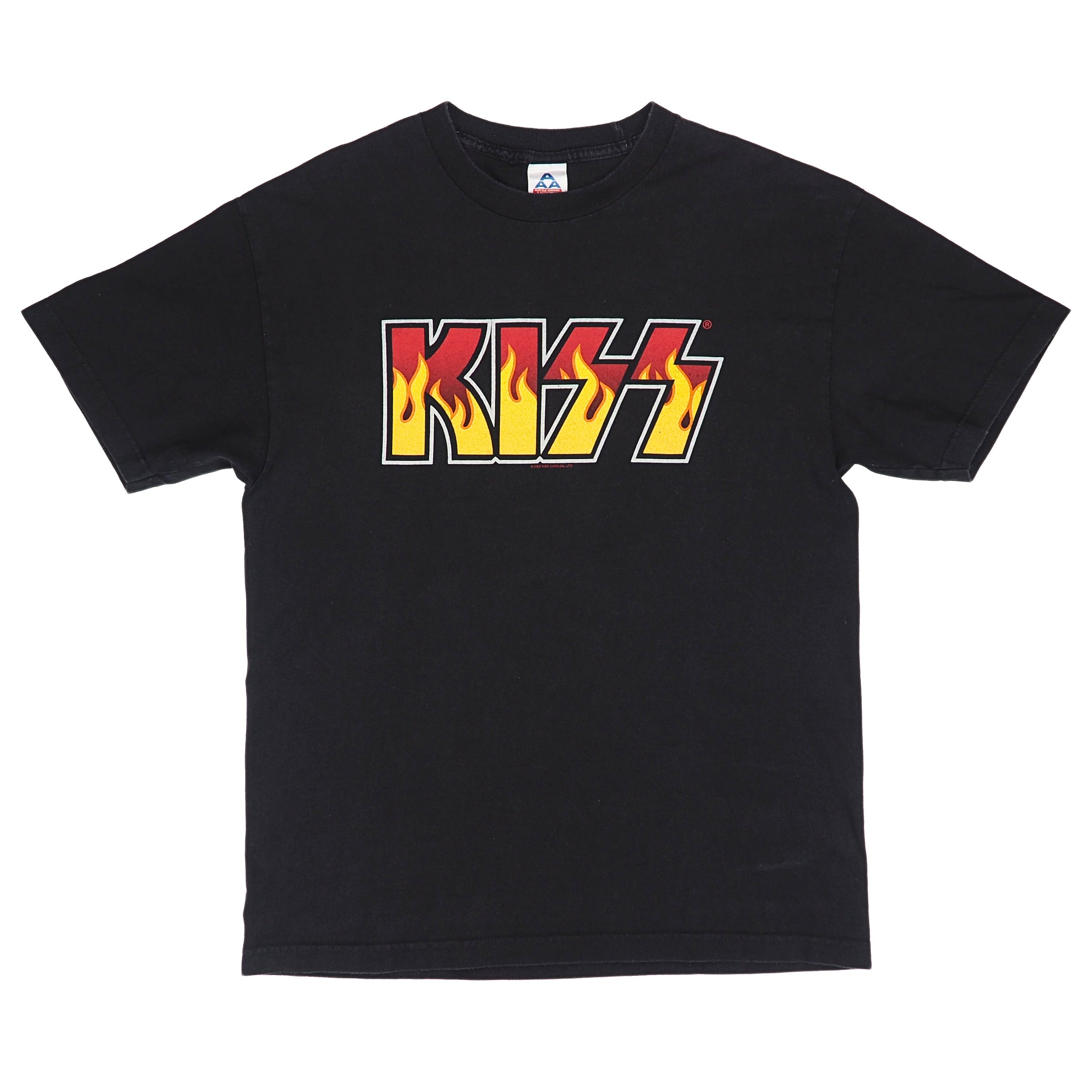 A black short-sleeve crewneck t-shirt featuring the KISS band logo printed across the chest in a red, yellow, and white flame design.