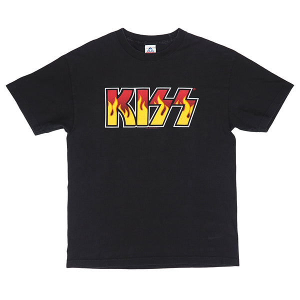 A black short-sleeve crewneck t-shirt featuring the KISS band logo printed across the chest in a red, yellow, and white flame design.