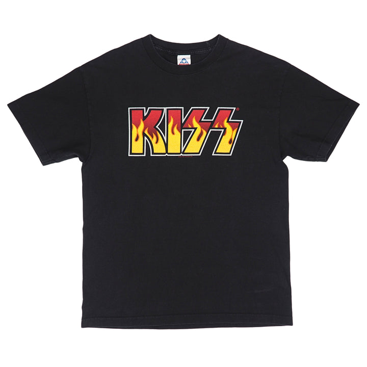 A black short-sleeve crewneck t-shirt featuring the KISS band logo printed across the chest in a red, yellow, and white flame design.