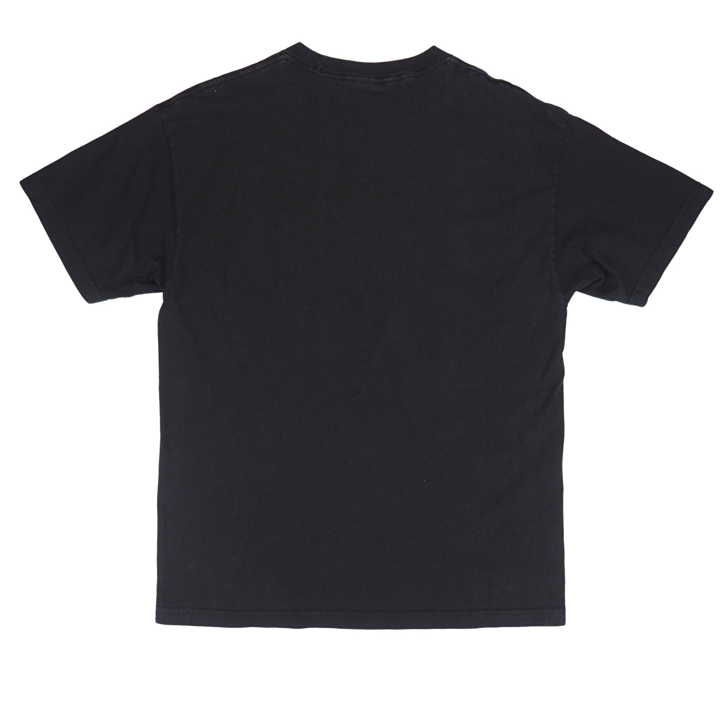 Back view of a black short sleeved t-shirt on a white background