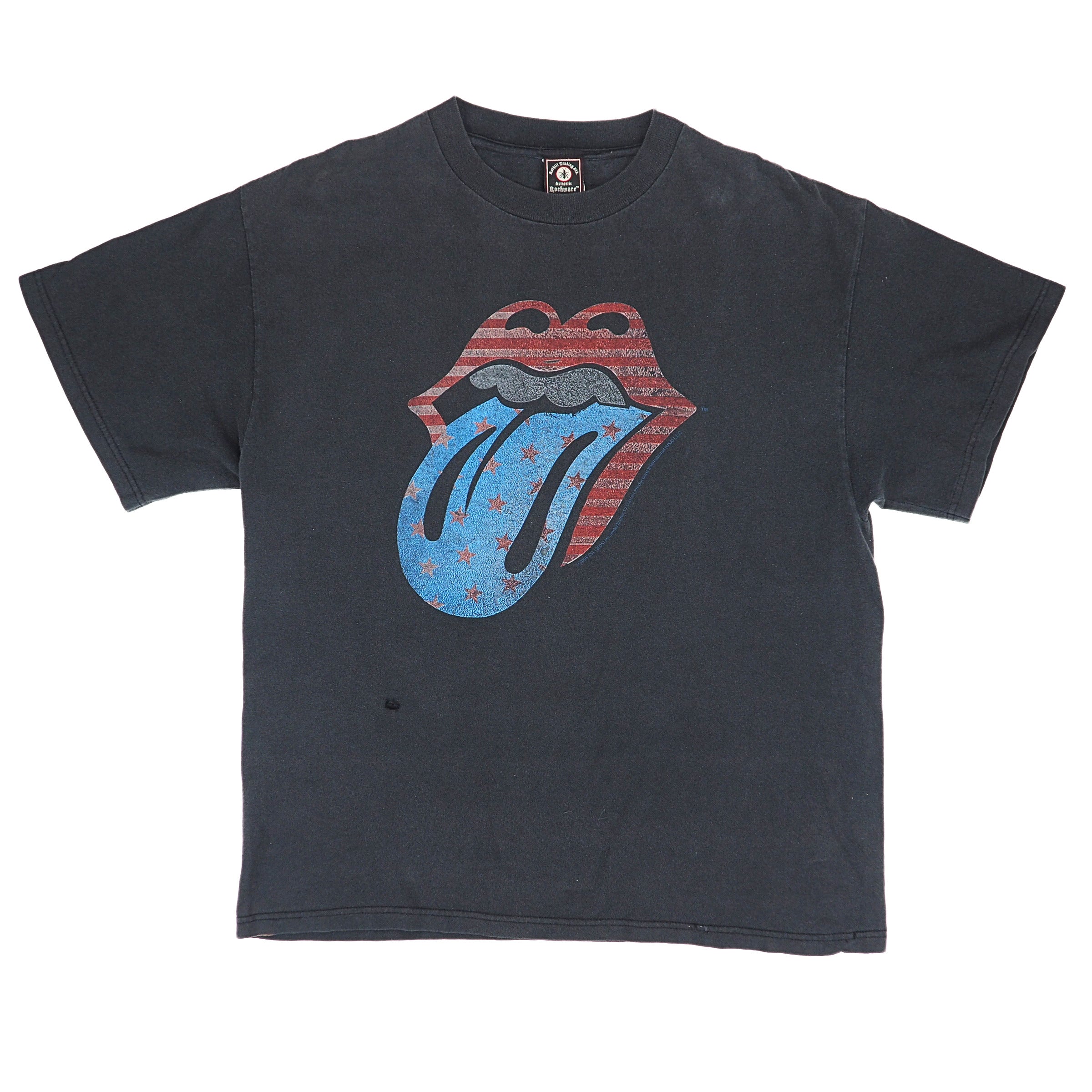 Front view of a black rolling stones band t-shirt on white background