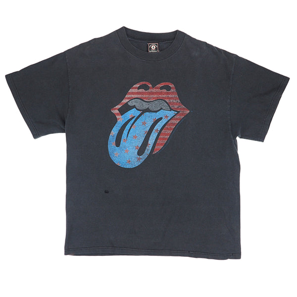 Front view of a black rolling stones band t-shirt on white background