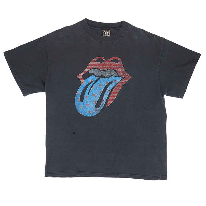 Front view of a black rolling stones band t-shirt on white background