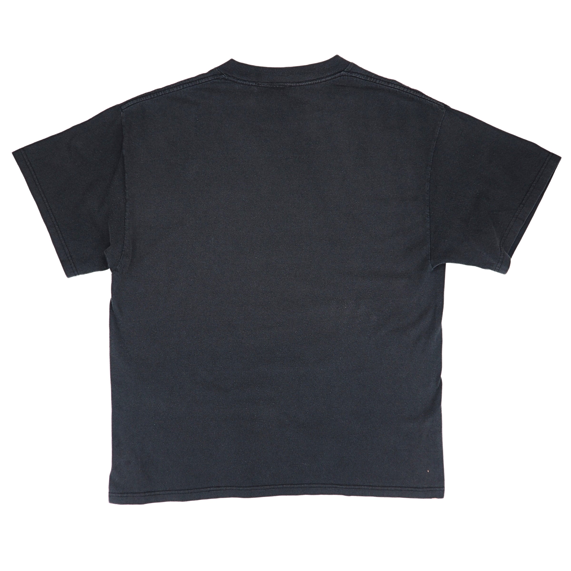 Back view of a black t-shirt on a white background