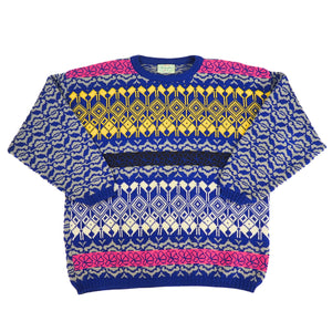 Benetton 80s Wool Jacquard Knit Crewneck Sweater Royal Blue Multi M