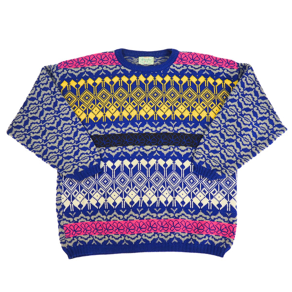 Benetton 80s Wool Jacquard Knit Crewneck Sweater Royal Blue Multi M