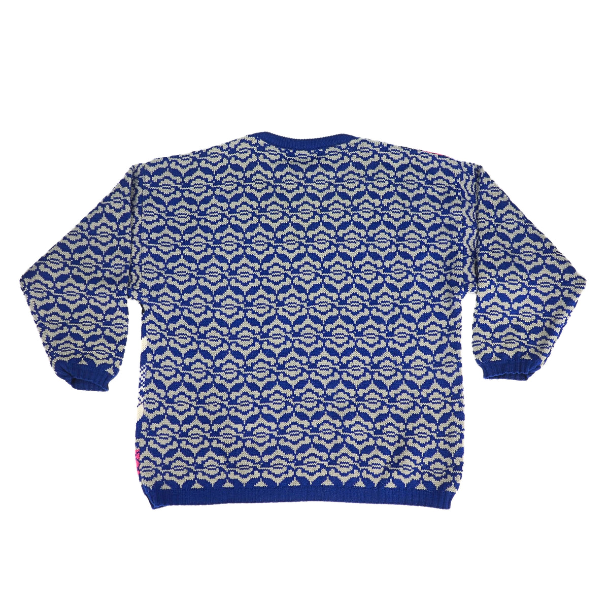 Back view of a knitted sweater in blue with a grey pattern on a white background.