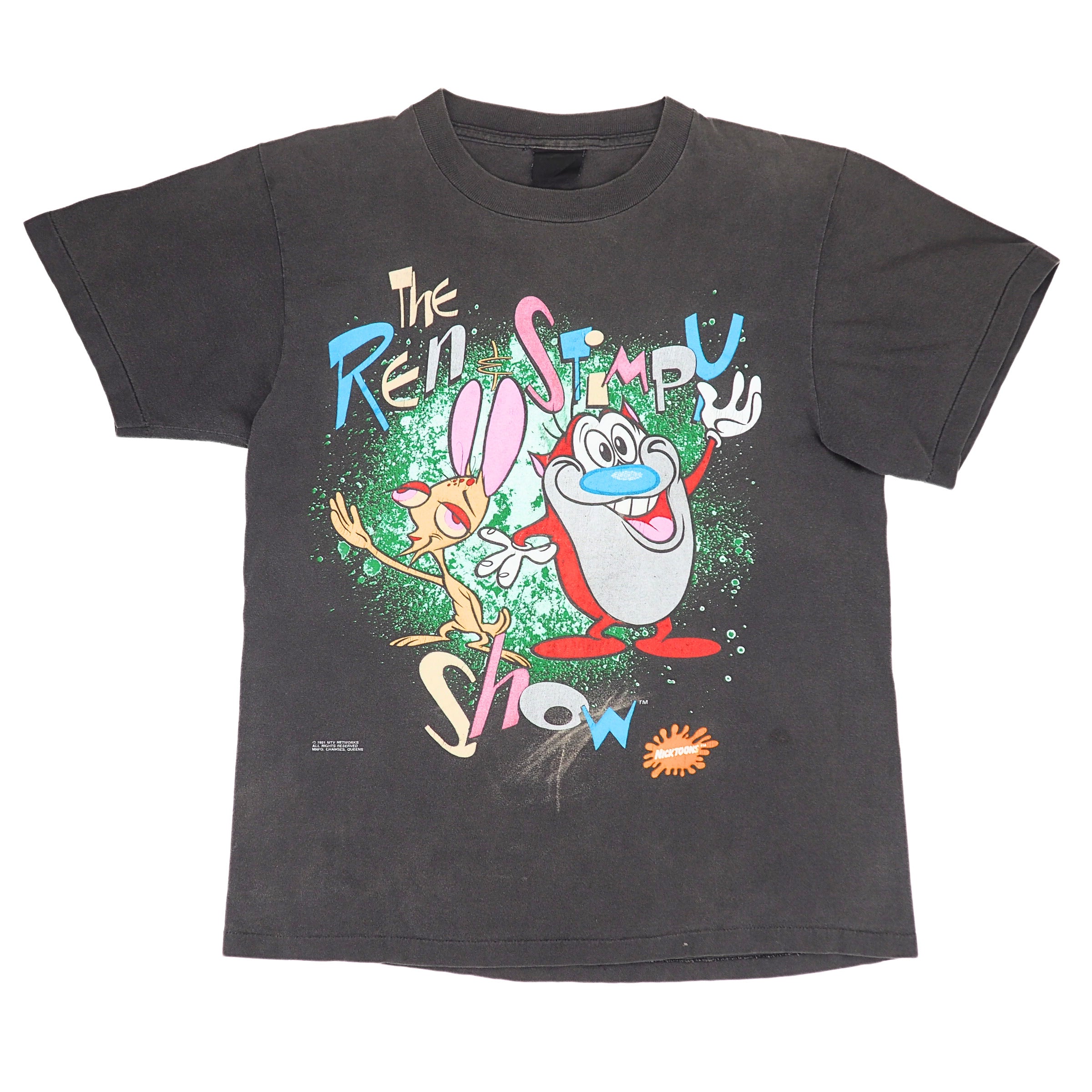 Front view of a faded black t-shirt with a graphic or 'The Ren & Stimpy Show' on a white background