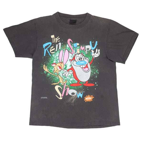 Front view of a faded black t-shirt with a graphic or 'The Ren & Stimpy Show' on a white background
