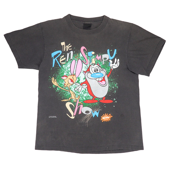 Front view of a faded black t-shirt with a graphic or 'The Ren & Stimpy Show' on a white background