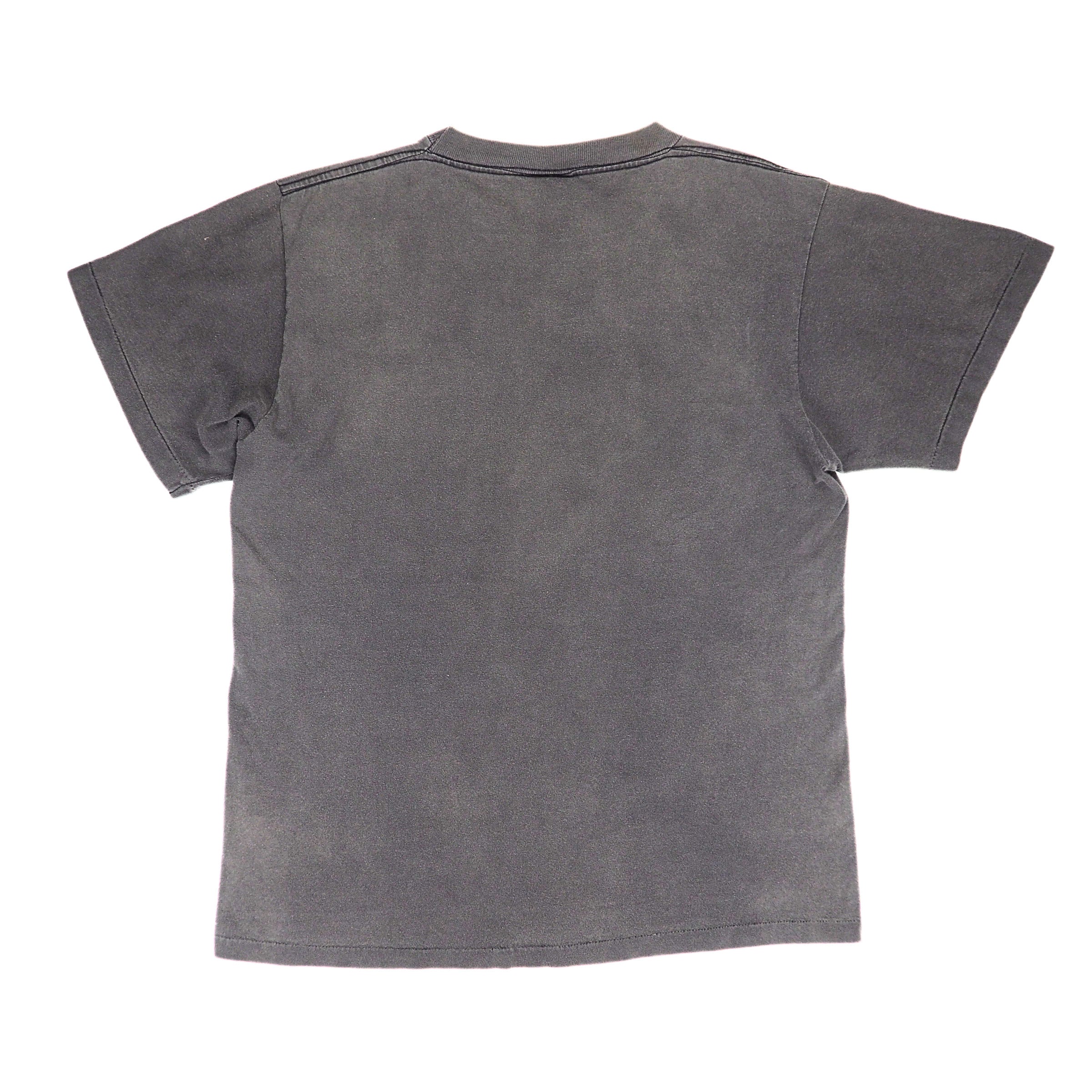 A dark gray short-sleeve t-shirt with a washed, faded texture, shown from the back on a plain white background.