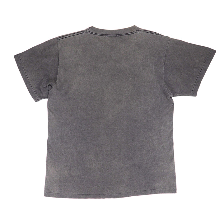 A dark gray short-sleeve t-shirt with a washed, faded texture, shown from the back on a plain white background.