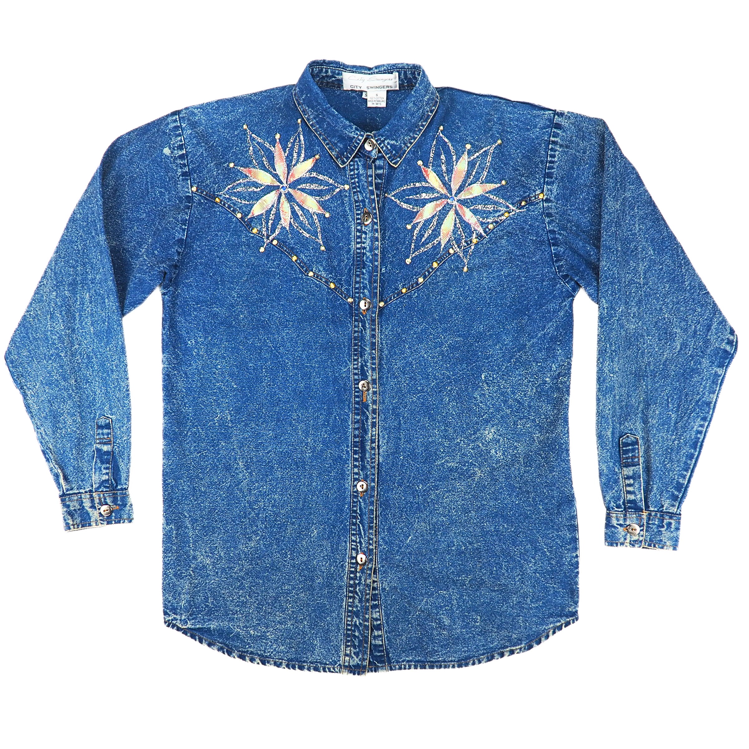 Blue City Swingers western style denim shirt with embroidered floral design on a white background