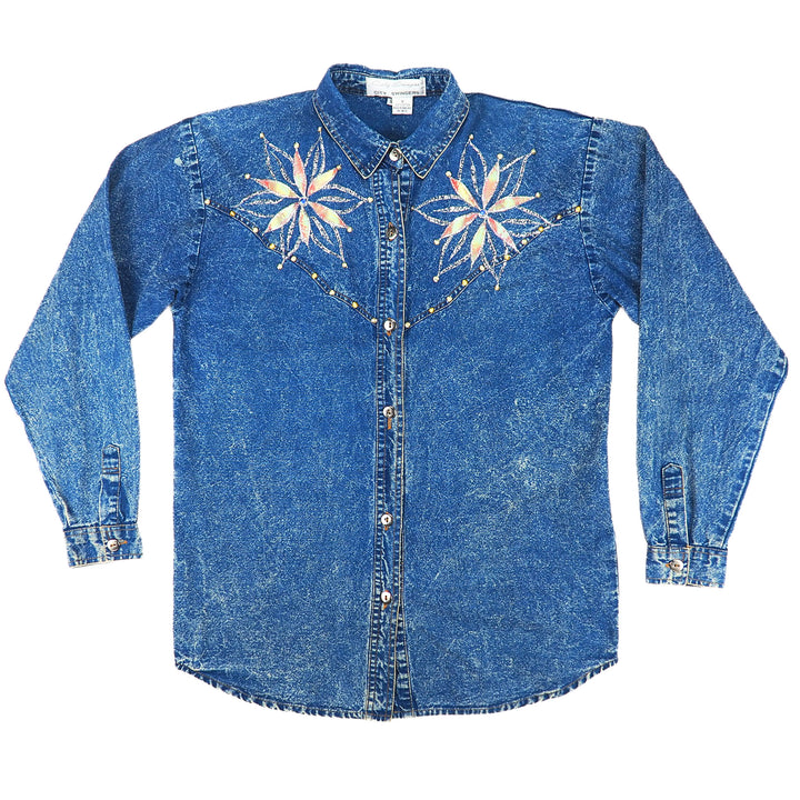 Blue City Swingers western style denim shirt with embroidered floral design on a white background