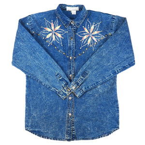 City Swingers Embroidered Denim Long Sleeved Western Shirt 90s Vintage Womens Small