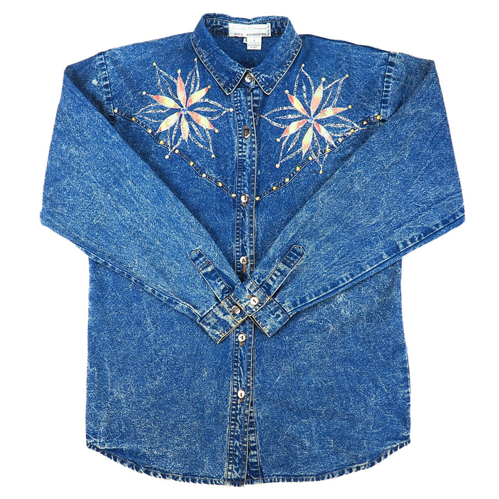Front view of a City Swingers brand western style acid wash blue denim shirt with embroidered and beaded floral designs on a white background