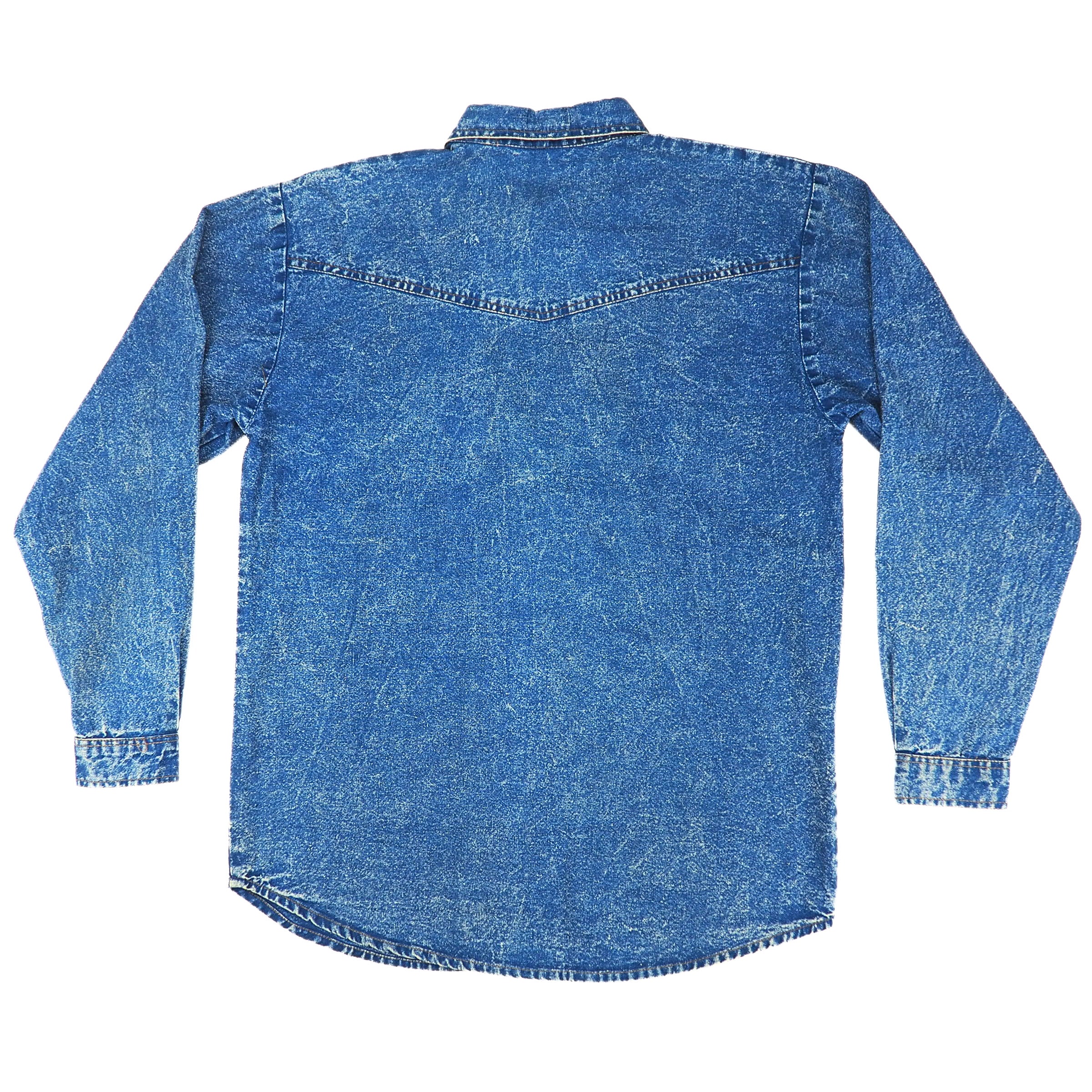 Back view of a blue acid wash western style denim shirt on a white background