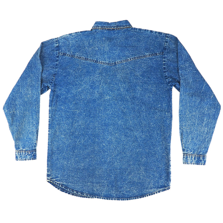Back view of a blue acid wash western style denim shirt on a white background