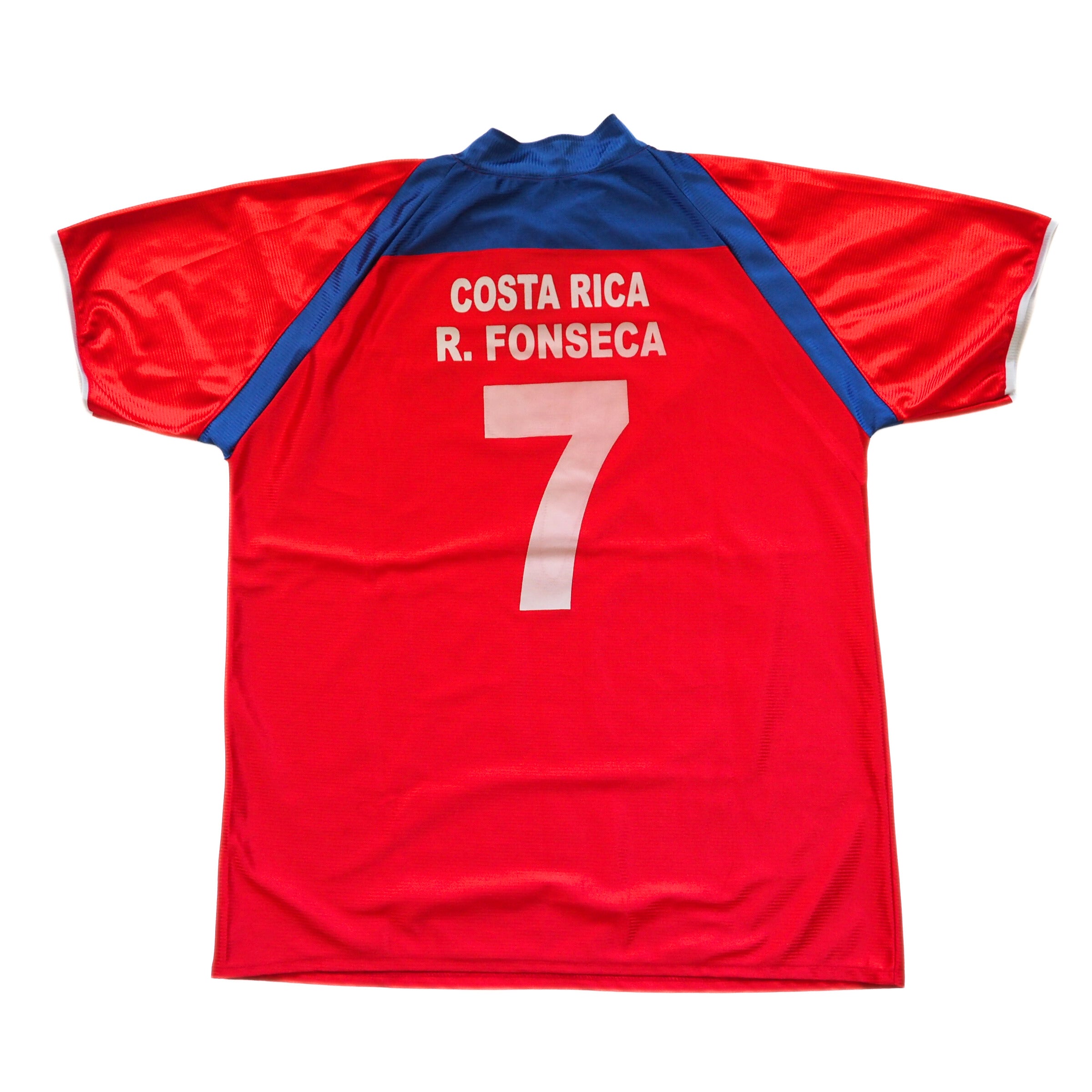 Red and blue Costa Rica soccer jersey with 'Costa Rica R. Fonseca #7' text in white on a white background