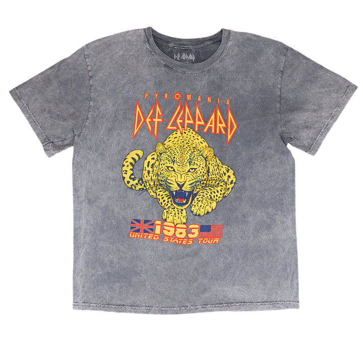 A washed gray short-sleeve t-shirt featuring a yellow leopard graphic and the text 'DEF LEPPARD' in orange, with '1983 UNITED STATES TOUR' printed below.