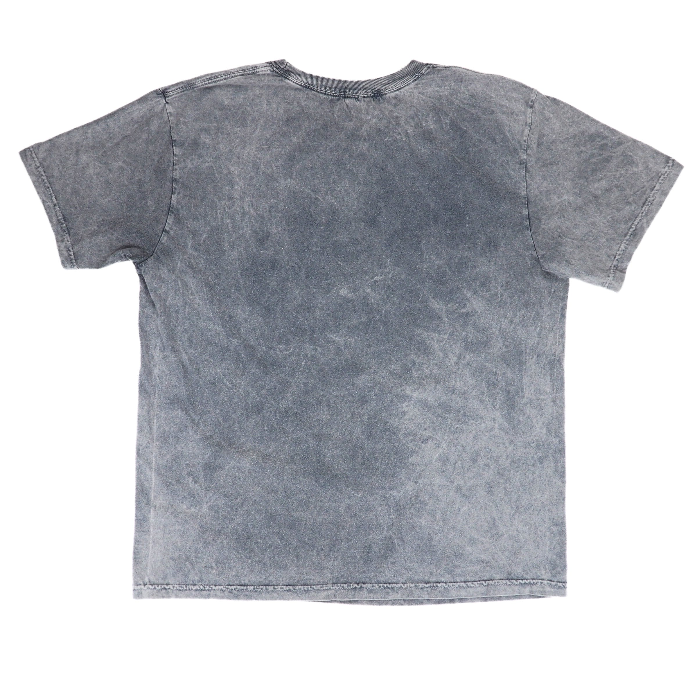 Back view of a faded grey t-shirt on a white background