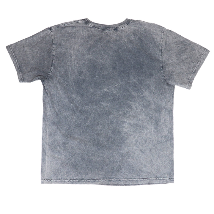 Back view of a faded grey t-shirt on a white background
