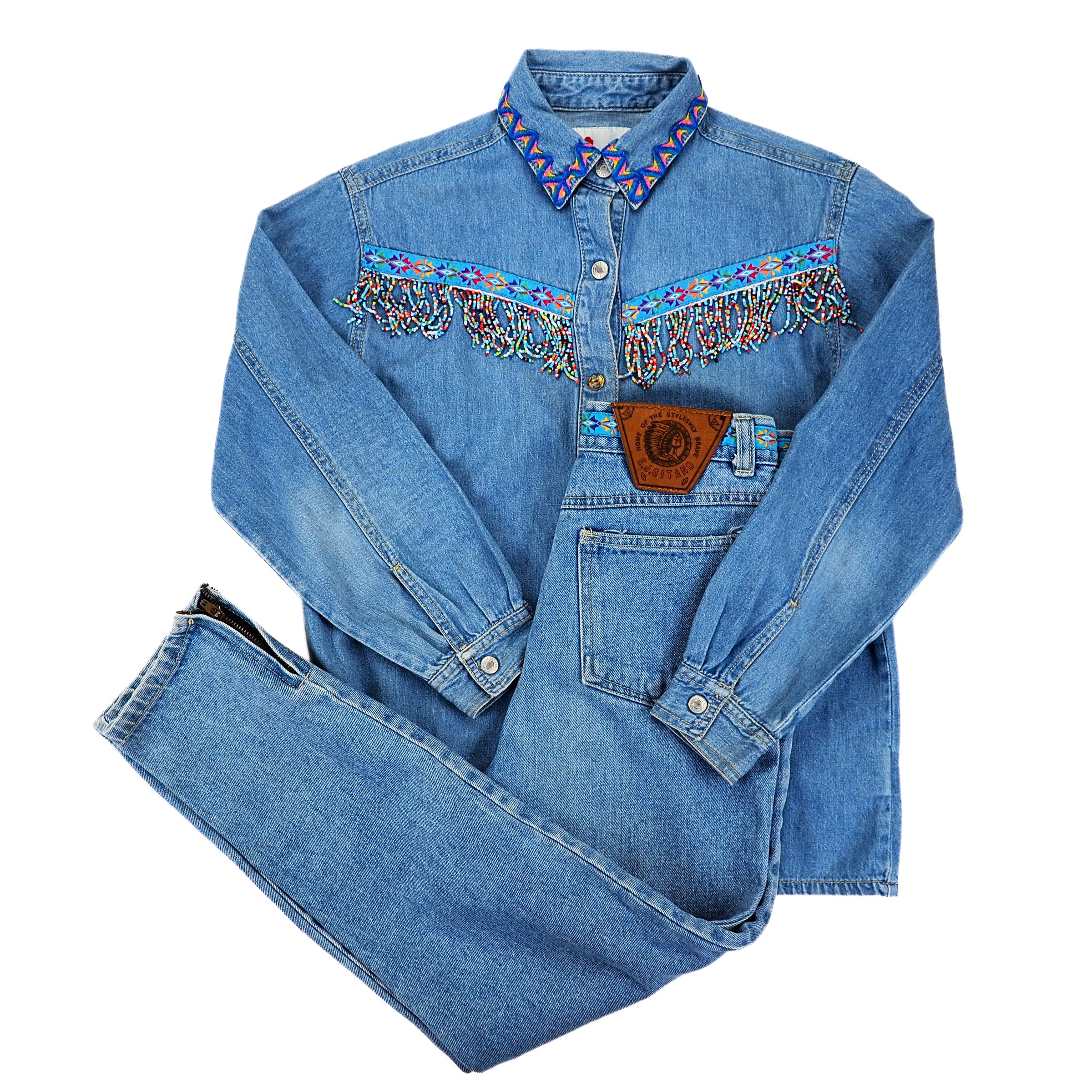EJ Gitano 2pc Vintage Beaded Denim Canadian Tuxedo Shirt and Jeans Set