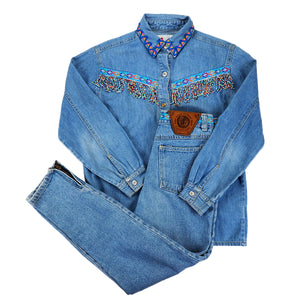 EJ Gitano 2pc Vintage Beaded Denim Canadian Tuxedo Shirt and Jeans Set
