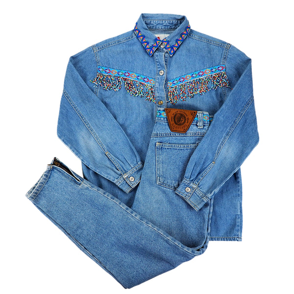 EJ Gitano 2pc Vintage Beaded Denim Canadian Tuxedo Shirt and Jeans Set