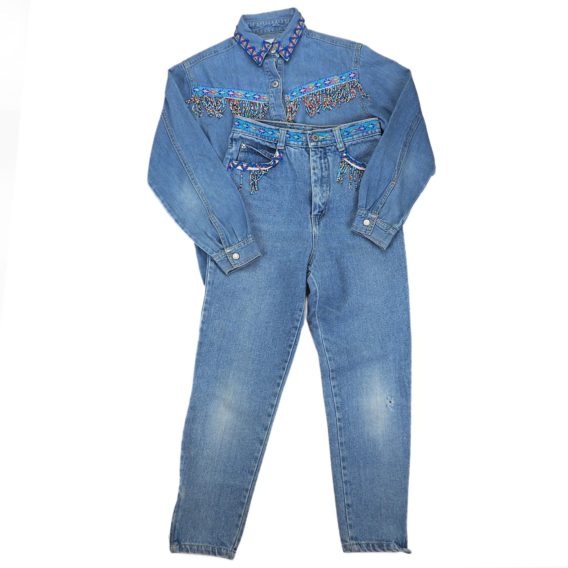 EJ Gitano 2pc Vintage Beaded Denim Canadian Tuxedo Shirt and Jeans Set