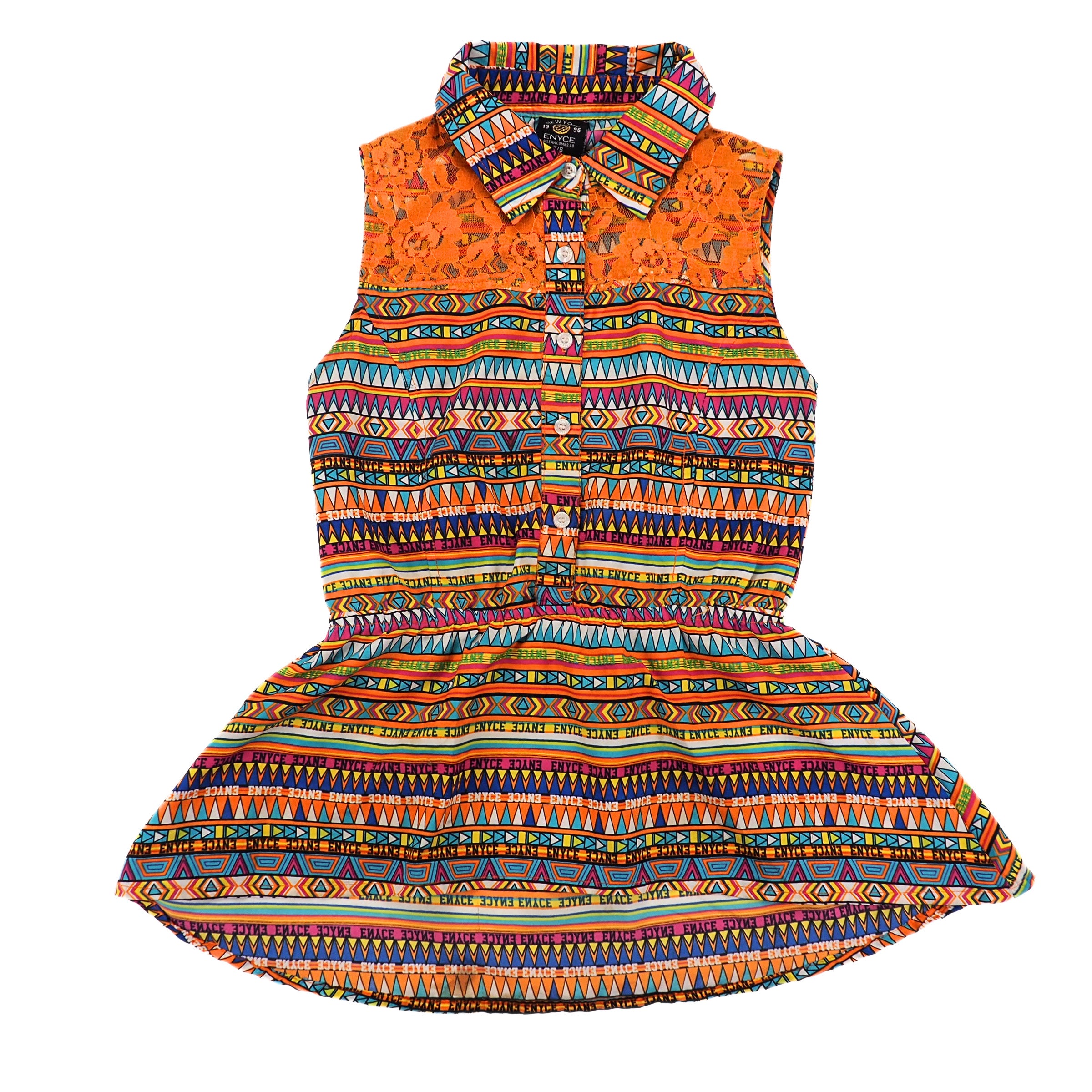 Colorful patterned peplum shirt with a collar on a white background