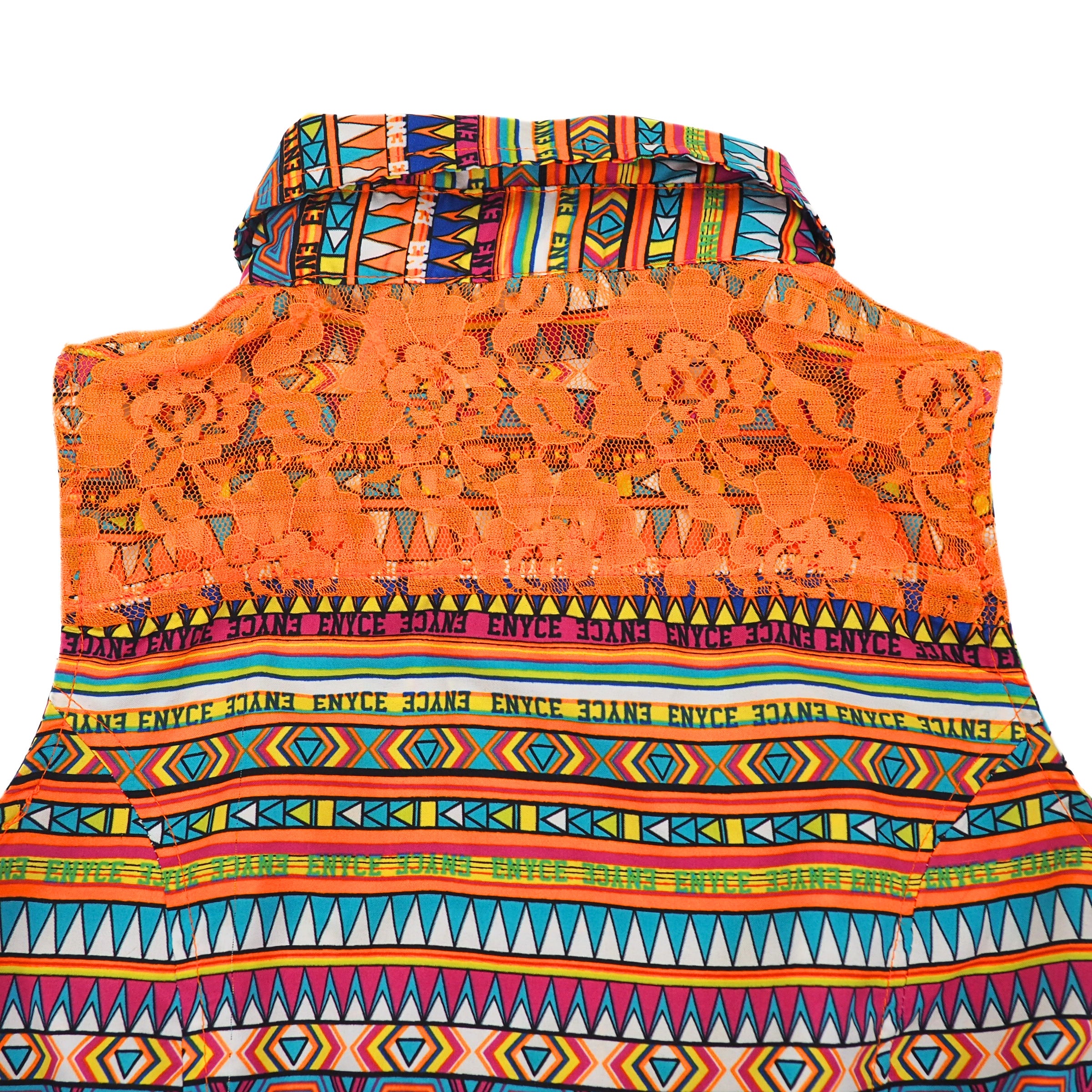 Rear collar of a colorful ENYCE shirt with orange lace detail