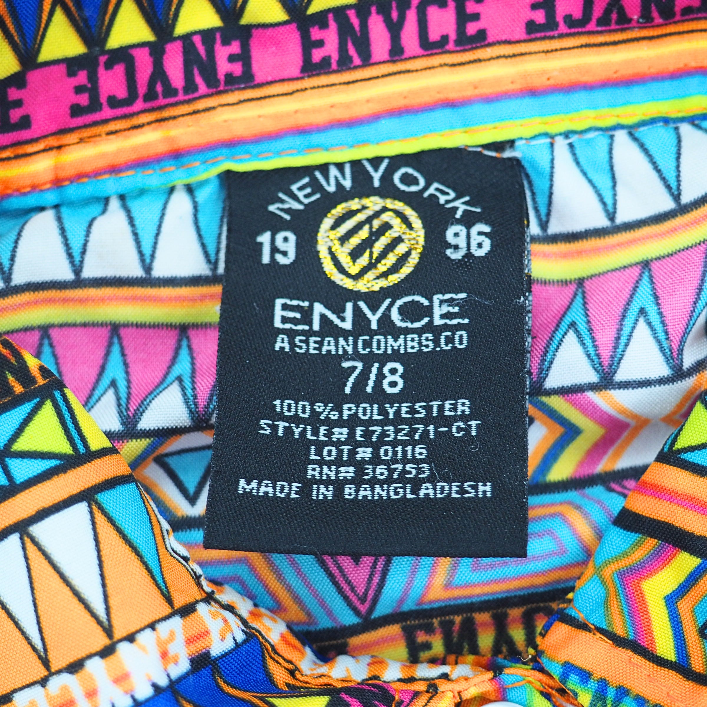 ENYCE label on the inside collar of a colorful geometric print shirt