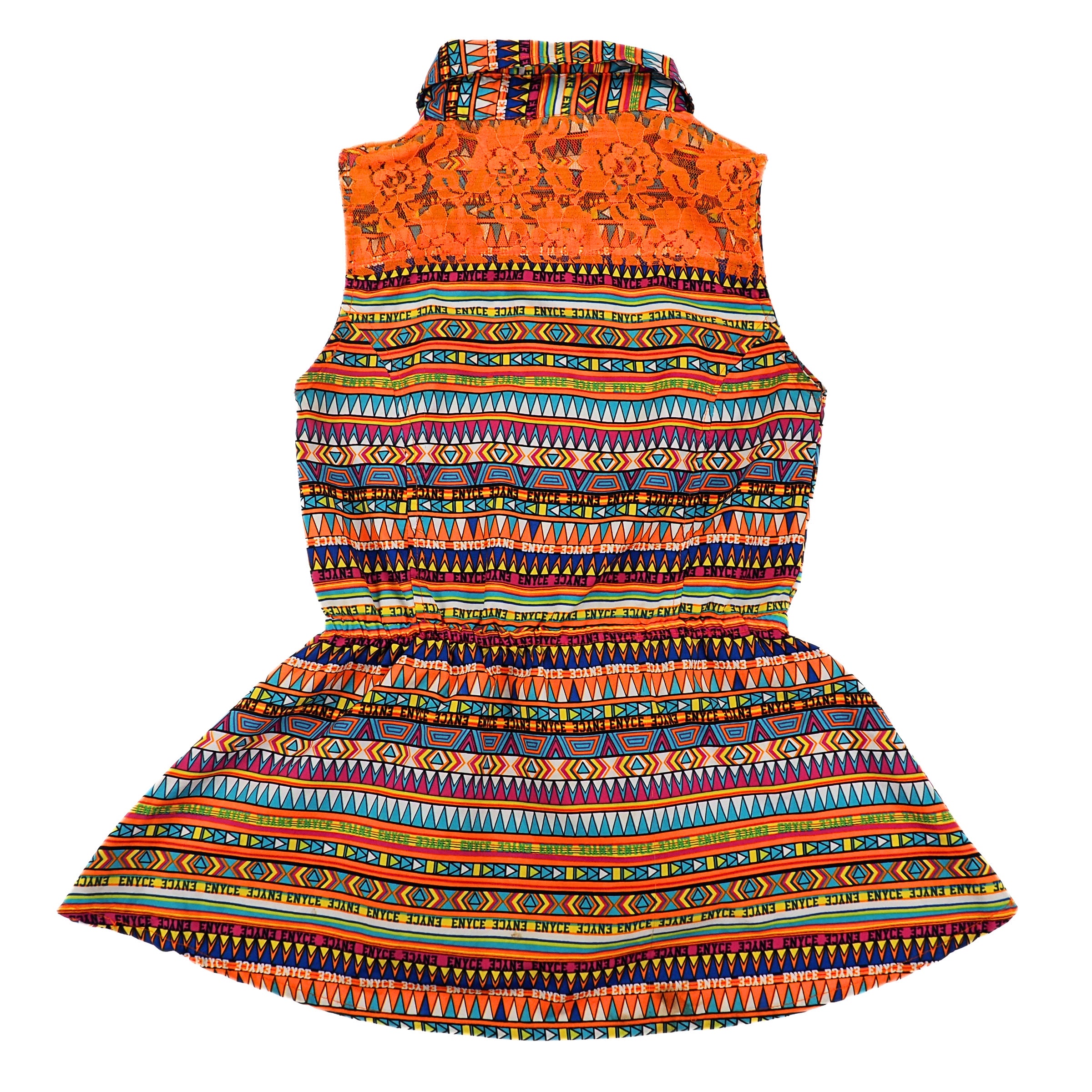 Rear view of an ENYCE fit and flare peplum shirt